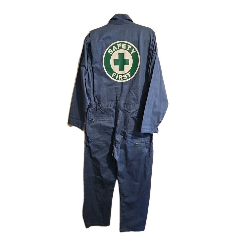 Vtg Berne Work Apparel Blue Denim Coveralls Mens "Safety First"